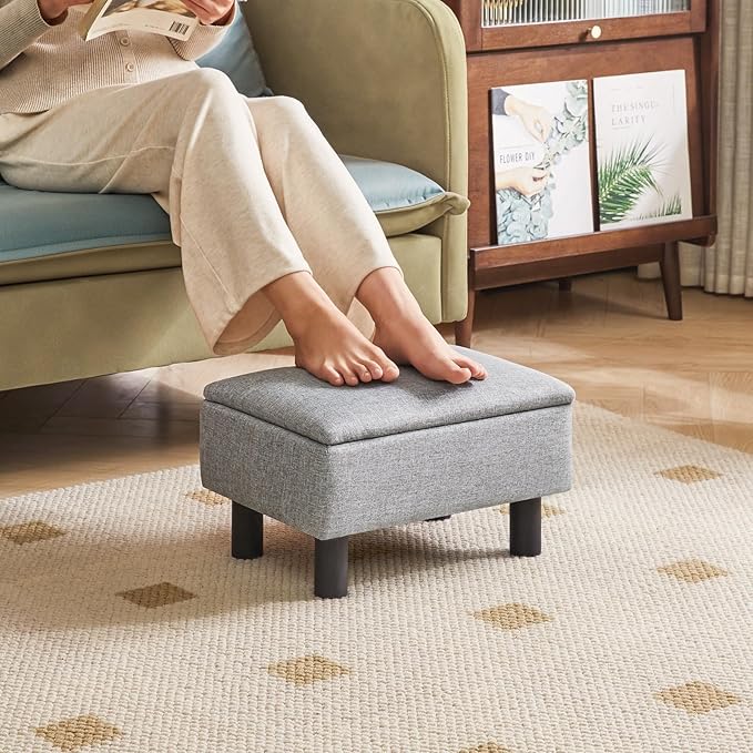 IBUYKE Storage Ottoman Footrest Stool with Linen Fabric, Rectangular, Flip Top Lid, Non-Slip Feet, Compact Design, Stylish and Functional, Gray Blue RF-BD224
