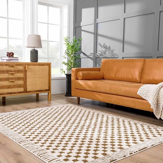 Hauteloom Leryn Living Room, Bedroom Area Rug - Checkered - High Pile - Bone - 6'7" x 9'
