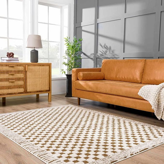 Hauteloom Leryn Living Room, Bedroom Area Rug - Checkered - High Pile - Bone - 6'7" x 9'