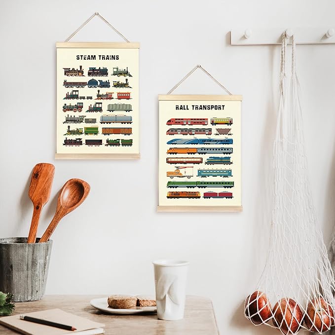 CGBHW Rall Transport and Steam Trains Poster Hanger Frame, Vehicle Construction Learning Educational Posters Wall Art Hanging Decor for Toddler Boy Kids Room Playroom Nursery，12x16Inch Set of 2