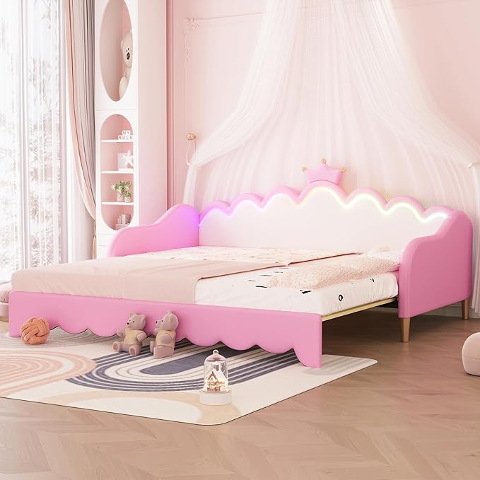 Twin Size Princess Extending Daybed with LED Lights for Kids Girls, Modern Upholstered Princess Daybed Frame with Crown Headboard, Pink Sleeper Sofa Bed for Bedroom, Guest, Study Room (Pink)