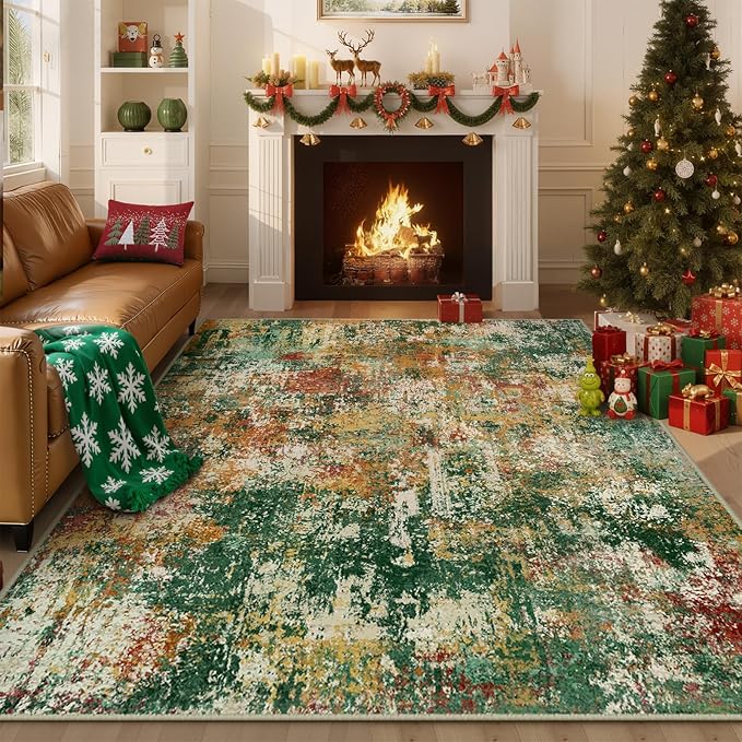 Washable Area Rugs 2'x3' Non-Slip Modern Abstract Soft for Living Room Entryway Bedroom Nursery, Print Pattern, Green Orange Rust Red Cream Colorful
