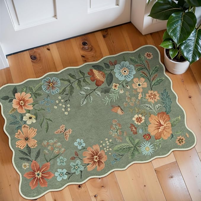 Lahome Floral Rugs for Entryway, 2X3 Washable Kitchen Rugs Ultra-Thin Soft Rug, Non Slip Indoor Door Mat Stain Resistant Boho Small Low-Pile Throw Carpet for Bathroom Bedroom(2x3ft,Green)