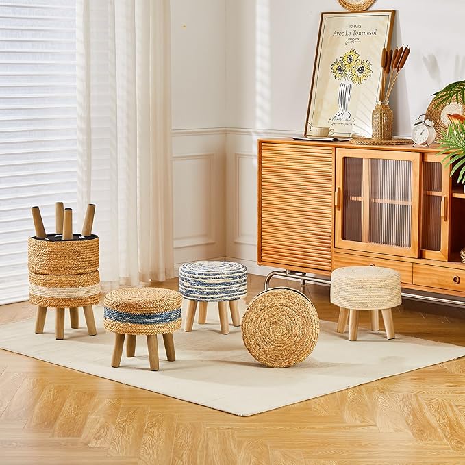 Cpintltr Round Ottoman Natural Seagrass Footstool Hand Weave Water Hyacinth Poufs Eco Friendly Sofa Foot Stool Soft Step Stool Padded Foot Rest with Pine Legs for Living Room (Mixed Blue)
