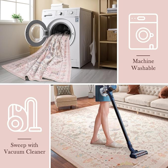 Area Rug - Vintage 5x7 Non-Slip Backing Area Rugs Light Pink Soft Faux Wool Carpet Foldable & Machine Washable Rugs for Living Room Bedroom Dining Room Nursery Home Office