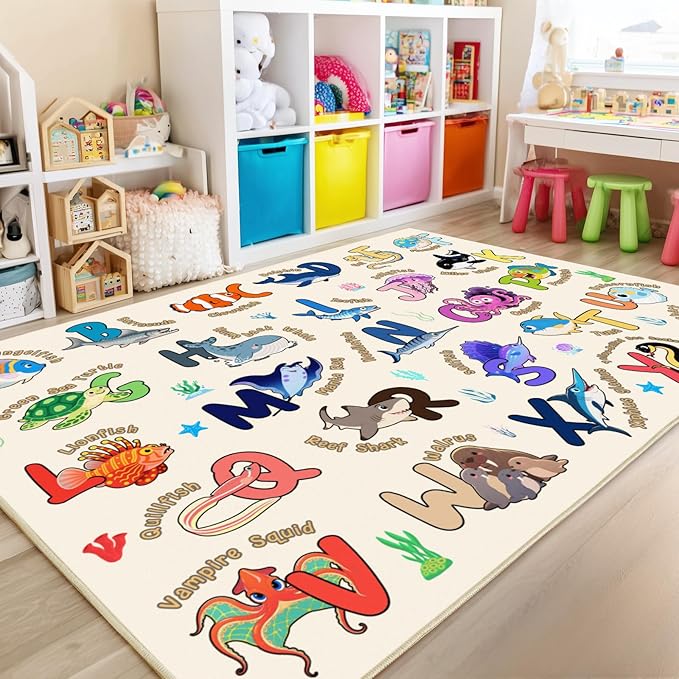 Kids Rugs for Playroom, 8x10 Ft Educational Rug for Learn The ABC Alphabet, Soft Machine Washable Non-Slip Cute Marine Organisms Carpet for Classroom Toddler Nursery Kids Room Decor, Beige