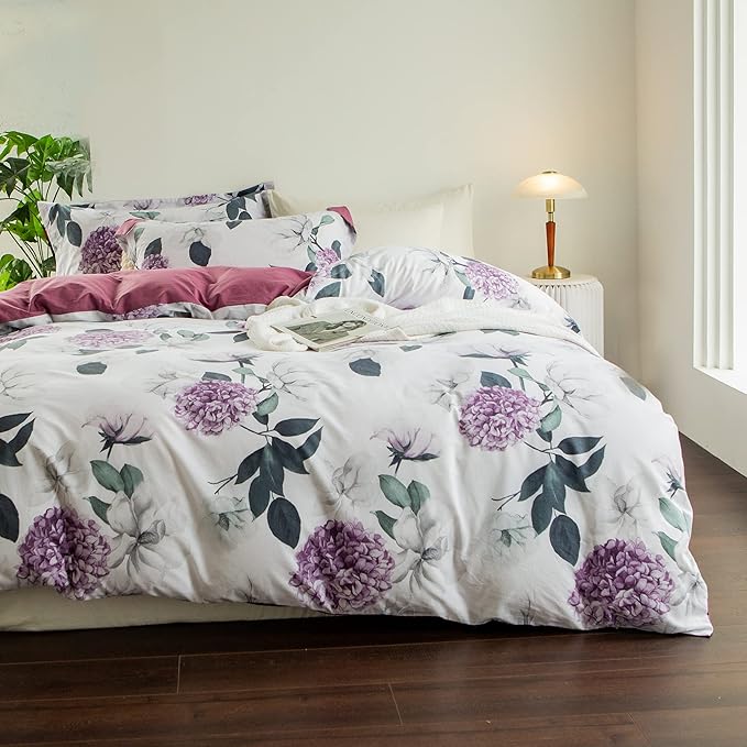 MILDLY 100% Washed Cotton Duvet Cover - Hydrangea Floral Comforter Cover Set Botanical Flower Pattern Bedding Set with Zipper Closure 4 Ties Full Size