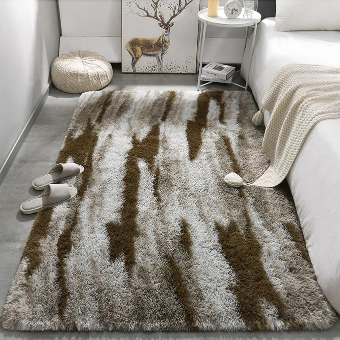 Meralax Area Rugs for Living Room Bedroom, Machine Washable 4x6 Feet Soft Fluffy Shaggy Bedside Rug, Indoor Floor Carpet for Kids Girls Boys, Dorms, Nursery Rooms, Home Decor Aesthetic, Abstract Beige
