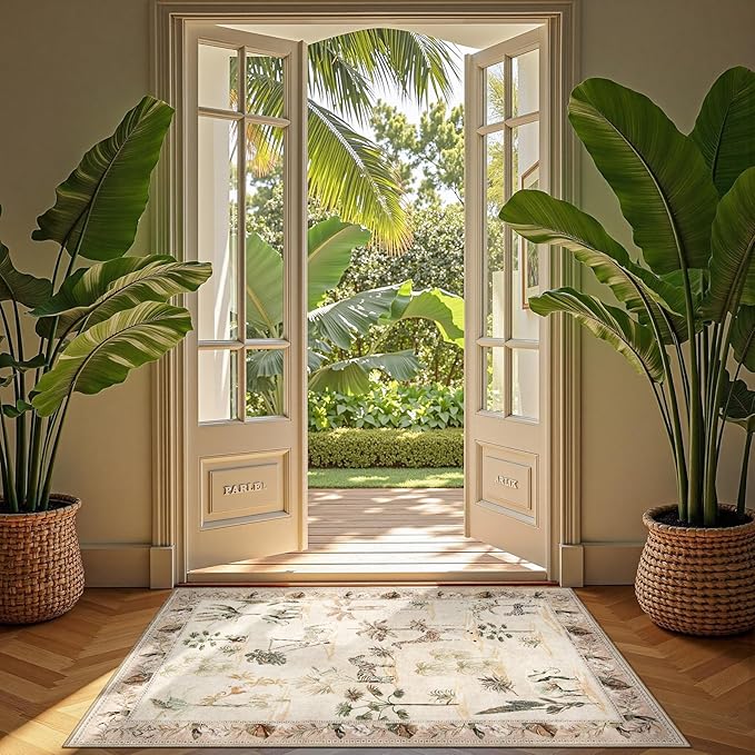jinchan 3x5 Beige Jungle Rug, Washable Throw Entryway Rug Animals Print Kitchen Mat, Indoor Ultra-Thin Low-Pile Non-Slip Soft Botanical Accent Carpet for Bedroom Entrance Laundry Room (3'x5', Beige)