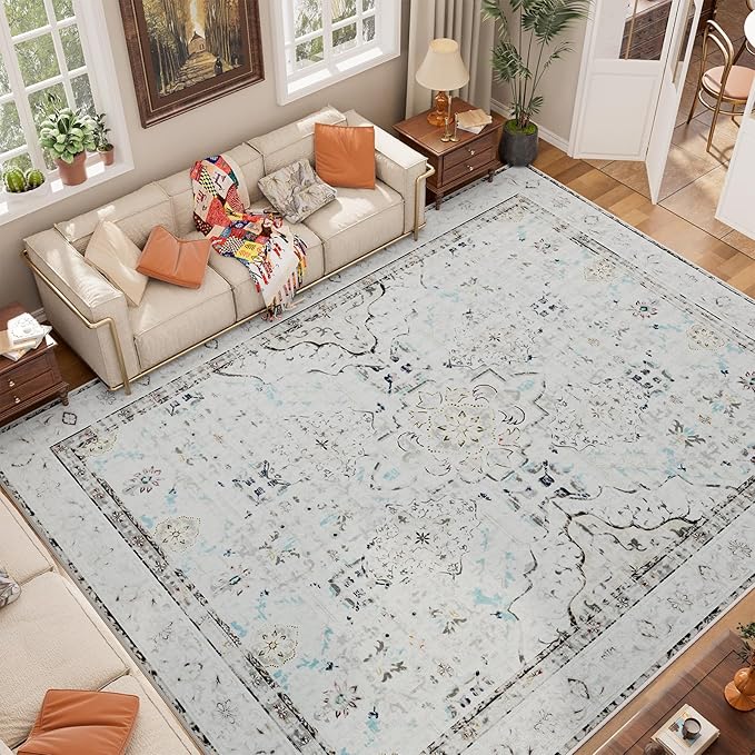 AMTOVO 8x10 Area Rugs for Living Room, Large Non-Slip Washable Rug, Boho Vintage Retro Medallion Print Pattern Carpet for Bedroom Dining Room Home Office Nursery Dorm Farmhouse, Light Grey