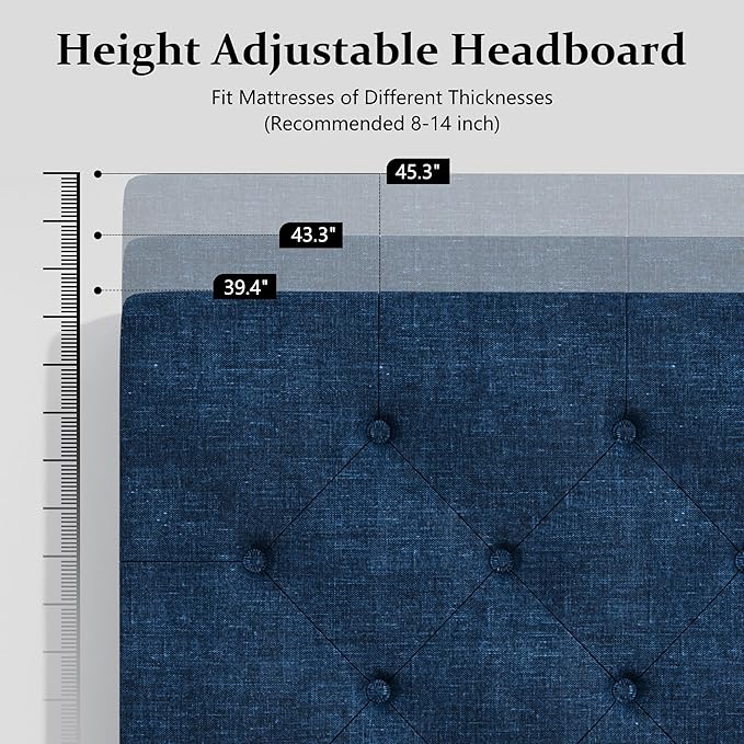 BarnFurin Twin Bed Frames with Button Tufted Headboard, Linen Upholstered Platform Bed with Wooden Slats Support, Easy Assembly, No Box Spring Required, Navy Blue