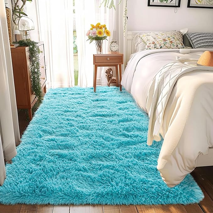 Fluffy 2x4 Rug - Small Rugs for Living Room - Height Pile 1.4" Plush Rug - Fuzzy Throw Carpet for Bedroom, Dark Blue