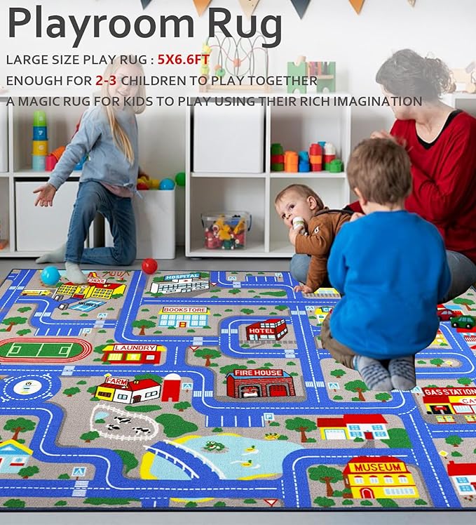 Kids Carpet Playmat Rug 5'0''x6'6'', Kids Rugs for Bedroom, Non-Slip Town City Road Map Car Rugs for Kids Toy Cars, Track Carpet Play Rug for Playroom Classroom Decor (Blue)
