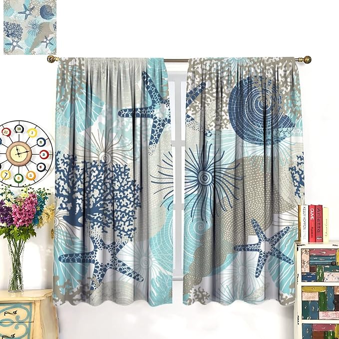 Coastal Curtains Ocean Beach Themed Room Darkening Window Curtain Nautical Coral Blackout Curtain for Bedroom Living Room Bathroom Nursery Set 2 Panels,63x72 Inches