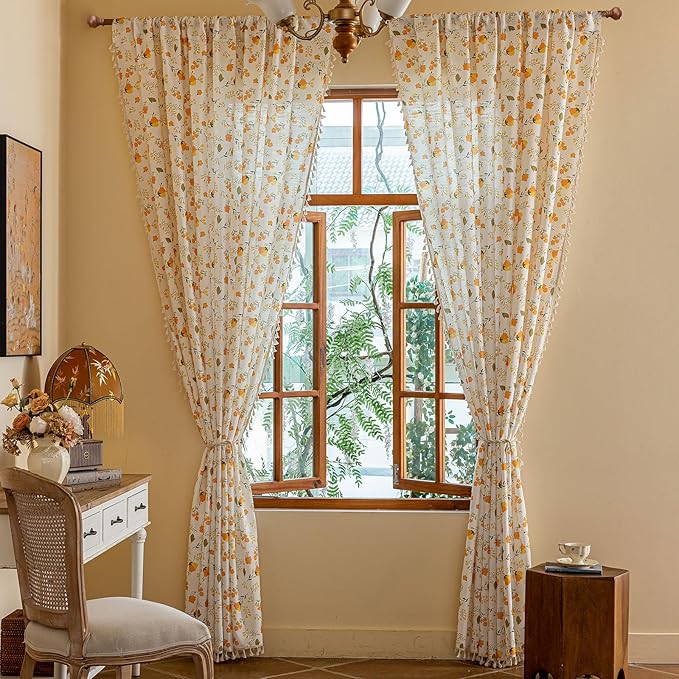 OYX Yellow Boho Pattern Floral Curtains 63 Inch Length 2 Panels for Living Room, Bedroom Light Filtering Drapes, Vintage Country French Tassels Patterned Rod Pocket Aesthetic Decor Window Treatments