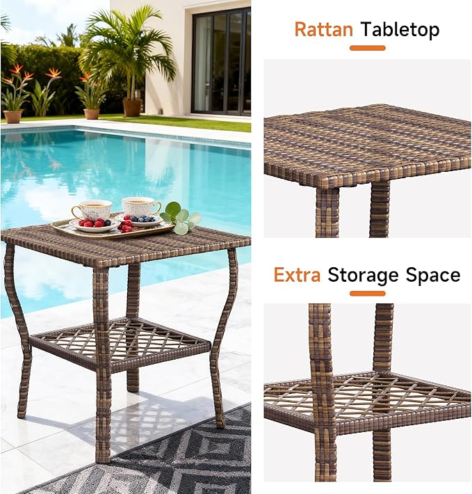 DECMICO 3 Pieces Rocking Bistro Set, Wicker Outdoor Rocking Chair with Washable Cushions, Rattan Rocking Chairs with Rattan Table, Outdoor Wicker Chair for Patio Backyard Porch Garden