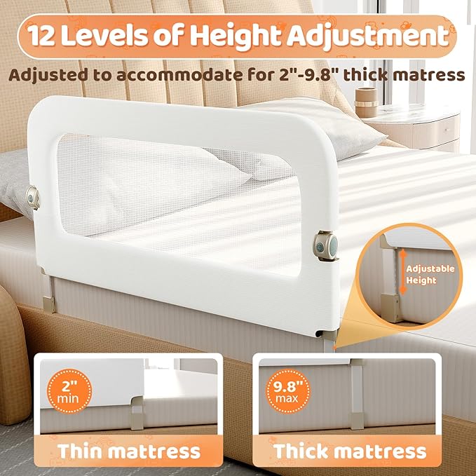 omzer Bed Guard Rail for Toddlers - 59inch Foldable & Adjustable Height Baby Bed Safety Side Rails - Large Toddler Crib Railing Guard for Twin, Bunk, Full Size, Queen & King, Full Size Bed