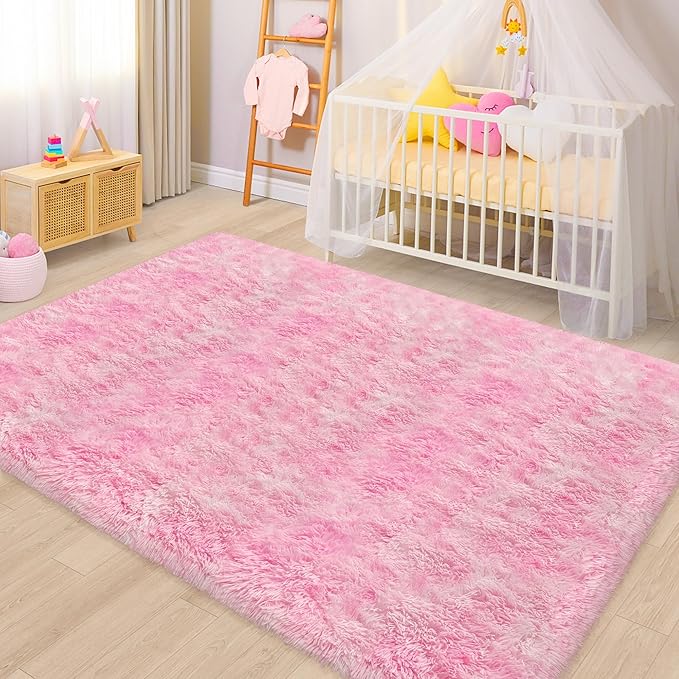 Fluffy Pink Rugs for Bedroom Girls, 5x8 Soft Fuzzy Area Rug Shag Carpet for Kids Room Playroom Nursery Living Room Dorm, Washable Plush Shaggy Rug Play Mat for Kids Baby Boys Teen