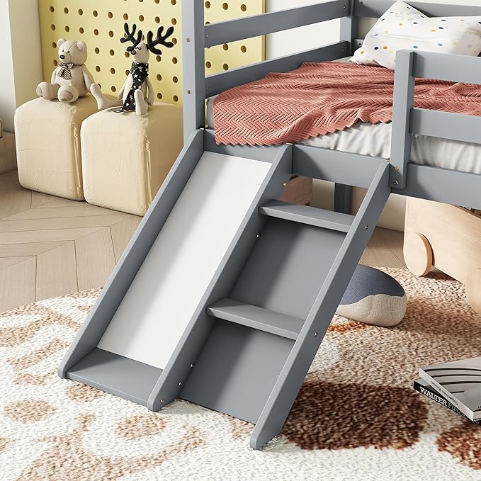 Twin Size Low Loft Bed with Slide and Ladder for Kids Boys Girls, Solid Wood House Roof Loft Bed Frame with Safety Guardrails, Sturdy Slat Support (Grey-50)