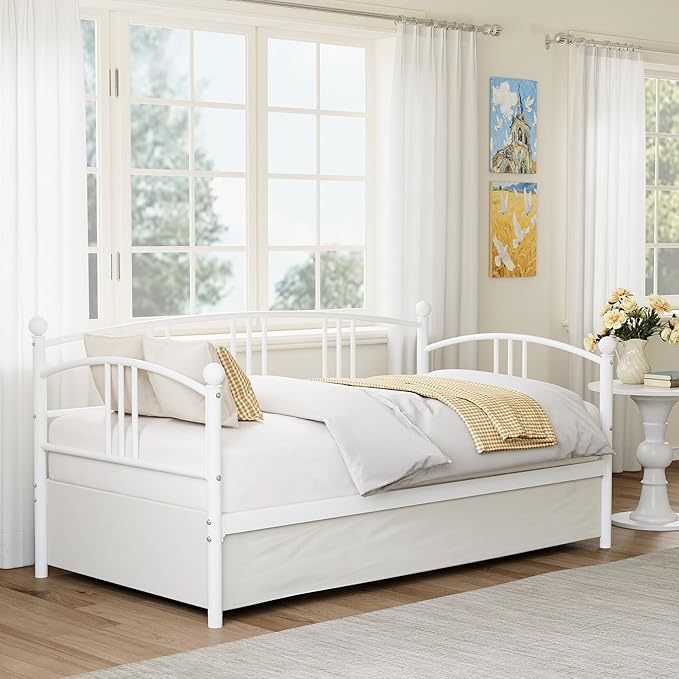 GarveeHome Twin Daybed, Sturdy Metal Day Bed with Steel Slat Support, Arched Headboard Sofa Bed for Living Room, Bedroom and Guest Room, White