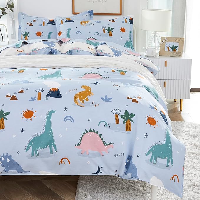 Brandream Boys Duvet Cover Twin/Twin XL Size 100% Percale Cotton 2pcs Kid's Bedding Duvet Cover Shams Set, Fun Dinosaur Print Reversible Blue Cream Beige Soft and Breathable