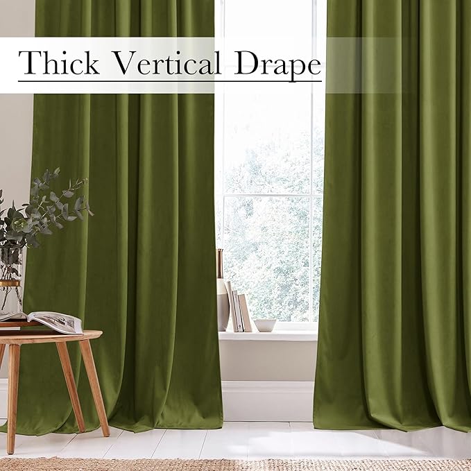 StangH Olive Green Curtains 90 inch Length Soft Velvet Privacy Assured Window Drapes for Nursery Bedroom Heavy Thermal Insulated Panels for Living Room, W52 x L90, 2 Panels