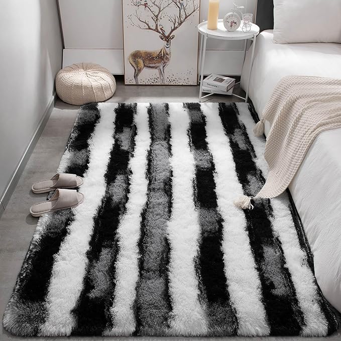Meralax Area Rugs for Living Room Bedroom, Machine Washable 4x6 Feet Soft Fluffy Shaggy Bedside Rug, Black and White Indoor Floor Carpet for Kids Boys, Dorms, Nursery Rooms, Home Decor Aesthetic