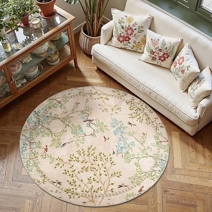 jinchan Yarden Round Rugs 5ft Beige Botanical Birds Print Machine Washable 5' Circle Nature Plants Modern Soft Non Slip Throw Area Rugs Ultra Thin Low Pile Carpet for Bedroom Kitchen Living Room