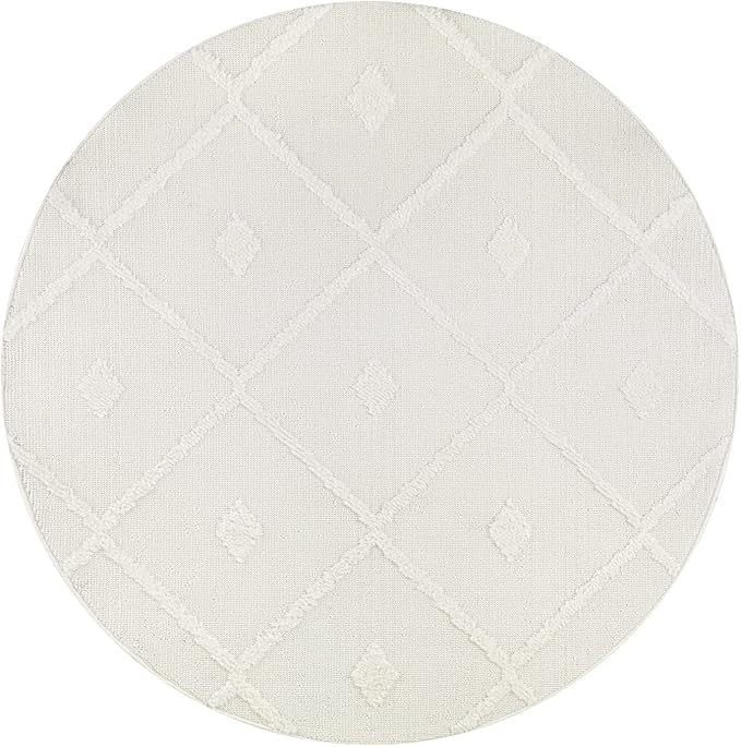 Antep Rugs Palafito 5x5 Geometric Shag Diamond High-Low Pile Textured Indoor Area Rug (White, 5'3" Round)