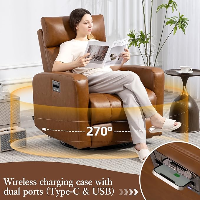 Genuine Leather Power Swivel Recliner Chair, Glider Electric Rocking Chair for Adults. Nursery Rocker Sofa Chair with Adjustable Headrest for Living Room. Wireless Charging/Type-C&USB, Brown