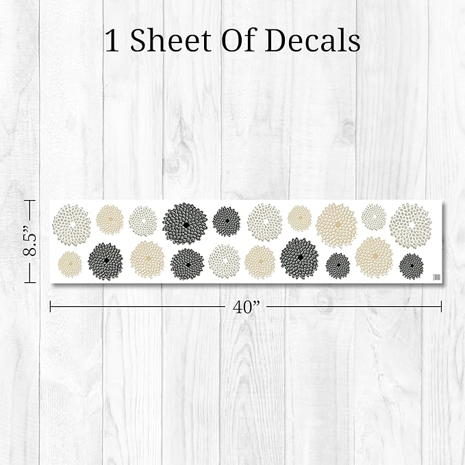 Decalcomania Zinnia Flower Wall Decals - Set of 20 Black Tan Floral Wall Stickers for Living Room Nursery Bedroom Bathroom Decor Removable Peel and Stick Indoor Wall Decor Robin Zingone