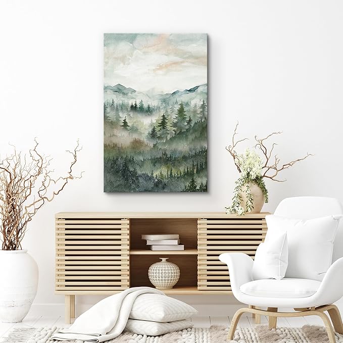 SIGNWIN Canvas Print Wall Art Misty Forest Landscape Watercolor Serene Mountain Pine Trees in Fog Illustrations Modern Art Decorative Landscape for Living Room, Bedroom, Office - 24"x36"