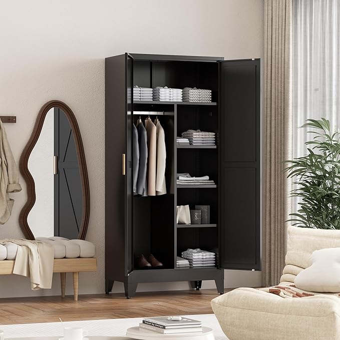 71'' Farmhouse Metal Wardrobe Cabinet with Hanging Rod, 2 Barn Door Wardrobe Closet with 5 Adjustable Shelves,Drawer,for Dining Room,Bedroom,Living Room, Cloak Room,Office (Black)