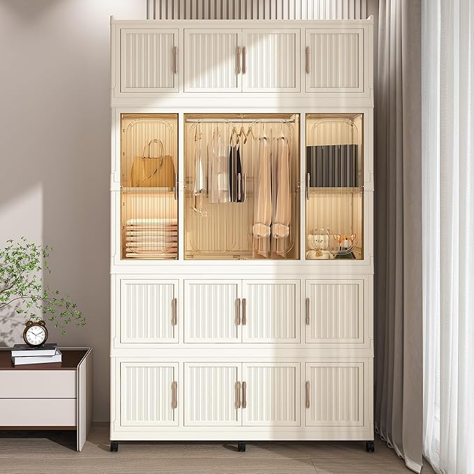 Portable Closet Wardrobe, Foldable Clothes Organizer with 17 Cubes Storage, Hanging Rods, Easy Assemble Clothing Organizer with Magnet Doors, Wardrobe Storage Cabinet for Kids,Baby,Adult