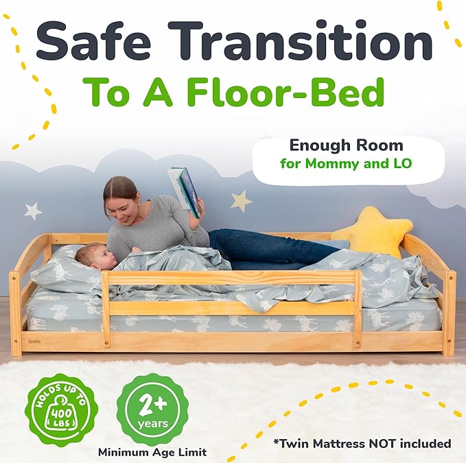 Ocodile Twin Floor Bed with Safety Guardrails for Kids, Montessori Inspired with Rails and 2 Openings, Twin Size Bed Frame for Girls and Boys - Varnished