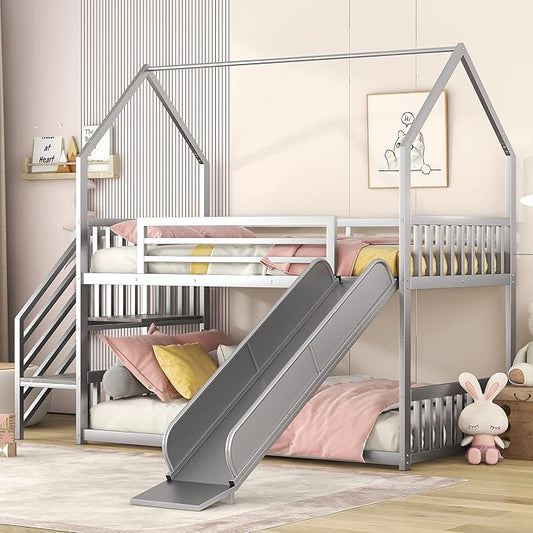 MERITLINE Metal Bunk Bed Twin Over Twin Bunk Bed Frame with Slide and Stairway,Twin Over House Bed with Guardrails