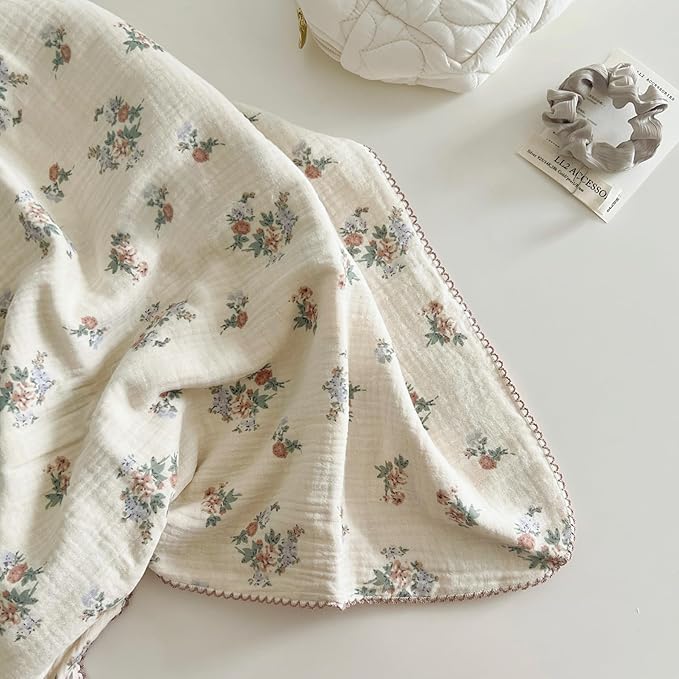 BuLuTu Cotton Muslin Toddler Blanket for Kids Girls Boys, Soft Lightweight Baby Quilts 2 Layers Large Muslin Crib Blanket Floral Toddler Quilted Blankets, All Seasons, 47"x51"