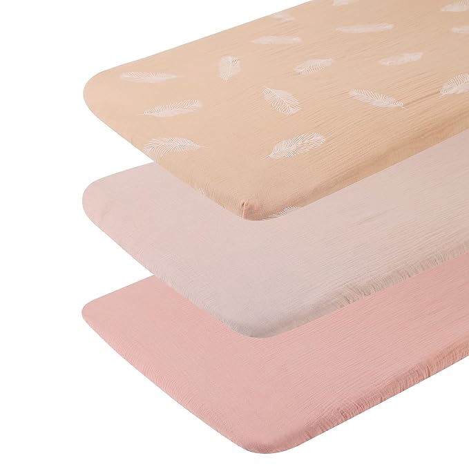 Onacosht Muslin Bassinet Sheets 3 Pack, 100% Cotton Baby Fitted Sheet 33" x 19" Compatible with Mika Micky, KoolaBaby (3 in 1), BabyBond, HARPPA and RICUTON Bedside Bassinet, Solid Pink and Feather