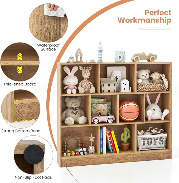 Costzon 10-Cube Bookshelf for Kids, Wooden Toy Storage Organizer w/ 2 Anti-Toppling Kits, 3 Tier Open Shelves & Non-Slip Foot Pads, Montessori Toy Shelf for Kids Rooms, Playroom, Classroom, Nursery