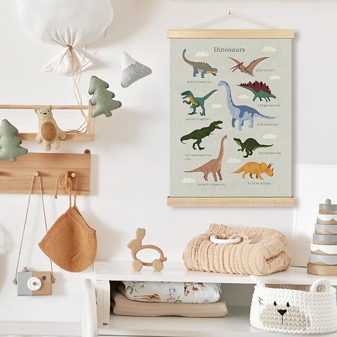 BCUANGD Dinosaurs Dino Wall Decor - Toddler Baby Boys Room Wall Art Poster Hanger with Wood Frames, Inspirational Animals Wall Hanging Canvas Decor for Kids Room Nursery Bedroom, 12x16 Inches