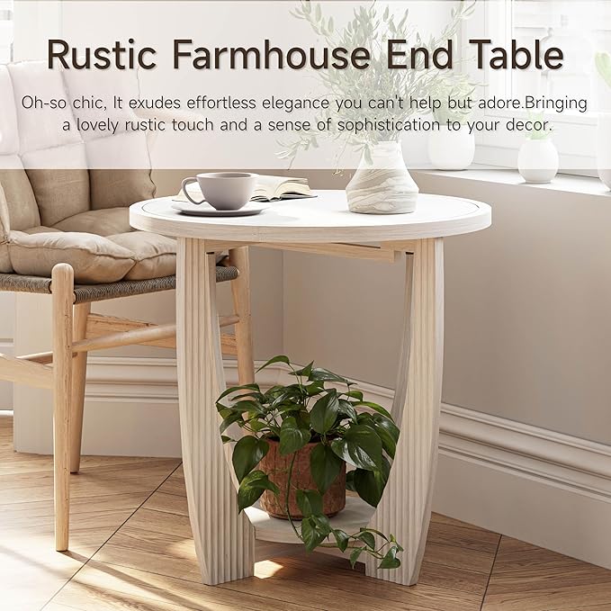 COZAYH Rustic Farmhouse end Table with Storage Shelf, French Country Accent Side Table for Family, Dinning or Living Room, Small Spaces, Modern, Round, White