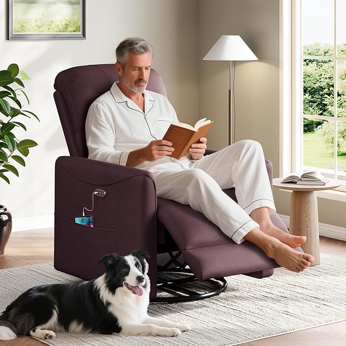 Power Swivel Rocker Recliner, 360° Swivel Nursery Rocking Chair, PU Leather Glider Rocking Recliner, Infinite Position Electric Chair for Adults with USB Port for Living Room, Burgundy