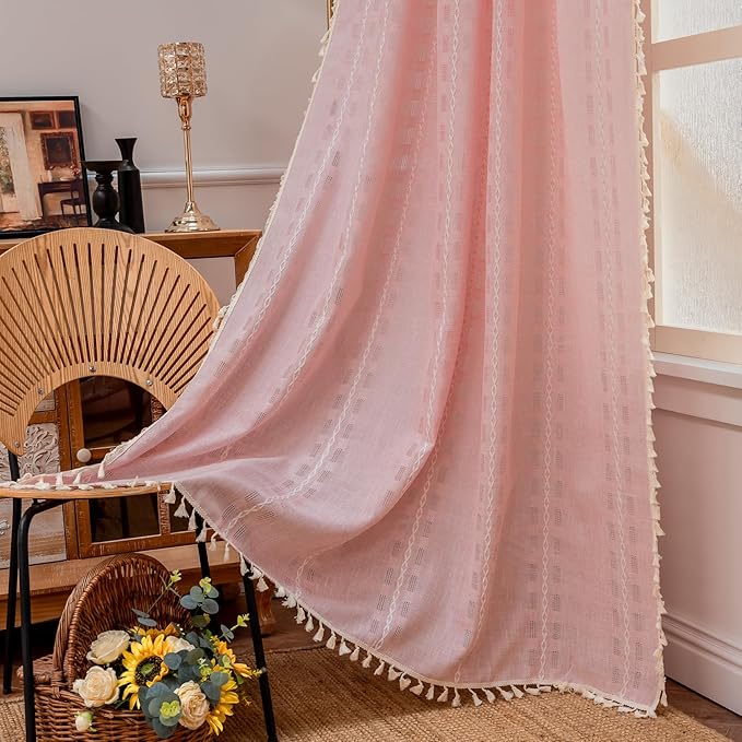 Deeprove Blush Pink Boho Curtain 96 inches Long for Living Room Bedroom, Vintage Bohemian Tassel Sheer 96 inches Puddle Length 8 FT Striped Embroidery Privacy Window Treatment W52 x L96, 1 Panel