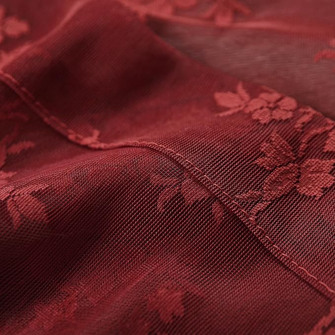 Kotile Burgundy Sheer Curtains 84 Inches Long 2 Panels Cottagecore Floral Maroon Lace Curtains for Living Room, Rod Pocket Light Filtering & Privacy Vintage Sheer Window Curtain 7FT, W52 x L84 Inch