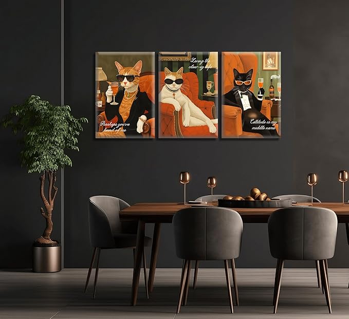 3Pcs Funny Cat Canvas Wall Art Elegant White Black Orange Cat Drinking Cocktail Painting Picture Wall Decor Luxury Feline Poster Print Bar Cart Artwork Decor for Bar Dining Room Bedroom Home Decortion