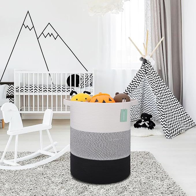 BOSROTY Large Laundry Hamper for Girls Boys Kids 72L, Nursery Hamper, Tall Laundry Basket, Cotton Rope Woven Blanket Basket for Storage Toys Clothes Towels, 16”x 22”, White & Gray & Black