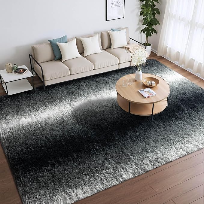 Meralax Area Rugs for Living Room Bedroom, Gradient Black 5x8 Feet Soft Fluffy Shaggy Bedside Rug, Machine Washable Indoor Floor Carpet for Kids Boys, Dorms, Nursery Rooms, Home Decor Aesthetic