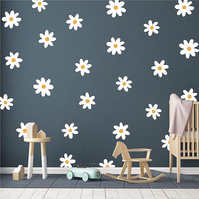 A Room with Flower Vinyl Daisy Wall Decals, Peel and Stick Floral Stickers for Nursery, Kids Bedroom Livingroom Home Wall Art Decor-White