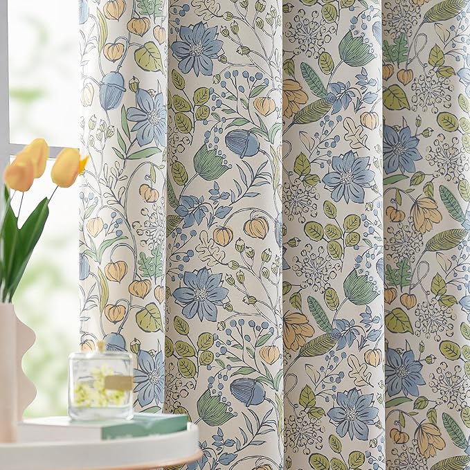 jinchan Nursery Curtains 95% Blackout Blue Floral Curtains for Kids Room, 63 Inch Length Farmhouse Drapes for Bedroom Living Room Darkening Window Treatment Grommet Top Set of 2 Panels