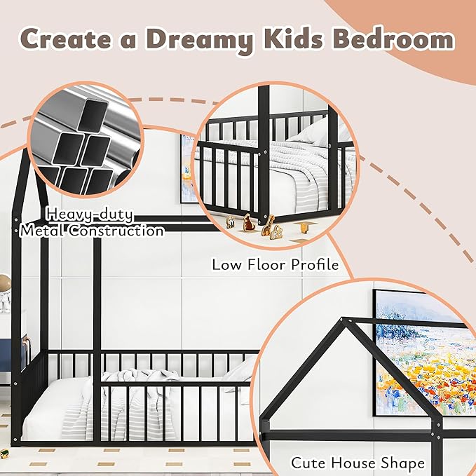 Bellemave Full Size Montessori Floor Bed, Metal House Bed Framefor Kids, Montessori Floor Beds with Fence, Playhouse for Kids, Black